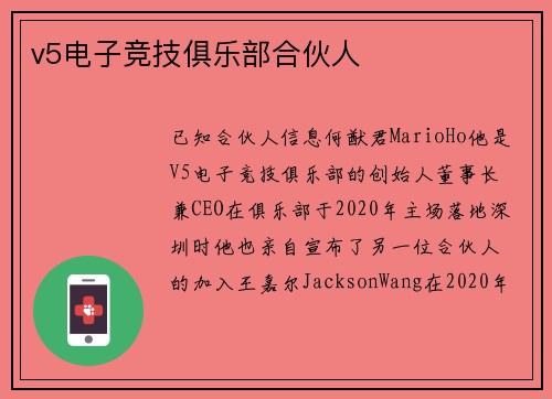 v5电子竞技俱乐部合伙人